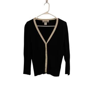 Nine & Co vintage silk cardigan sweater v-neck black cream buttons preppy Medium